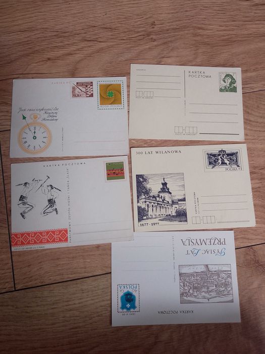 zestaw 5 sztuk kolekcjonerskie kartki pocztowe ze znaczkami różne