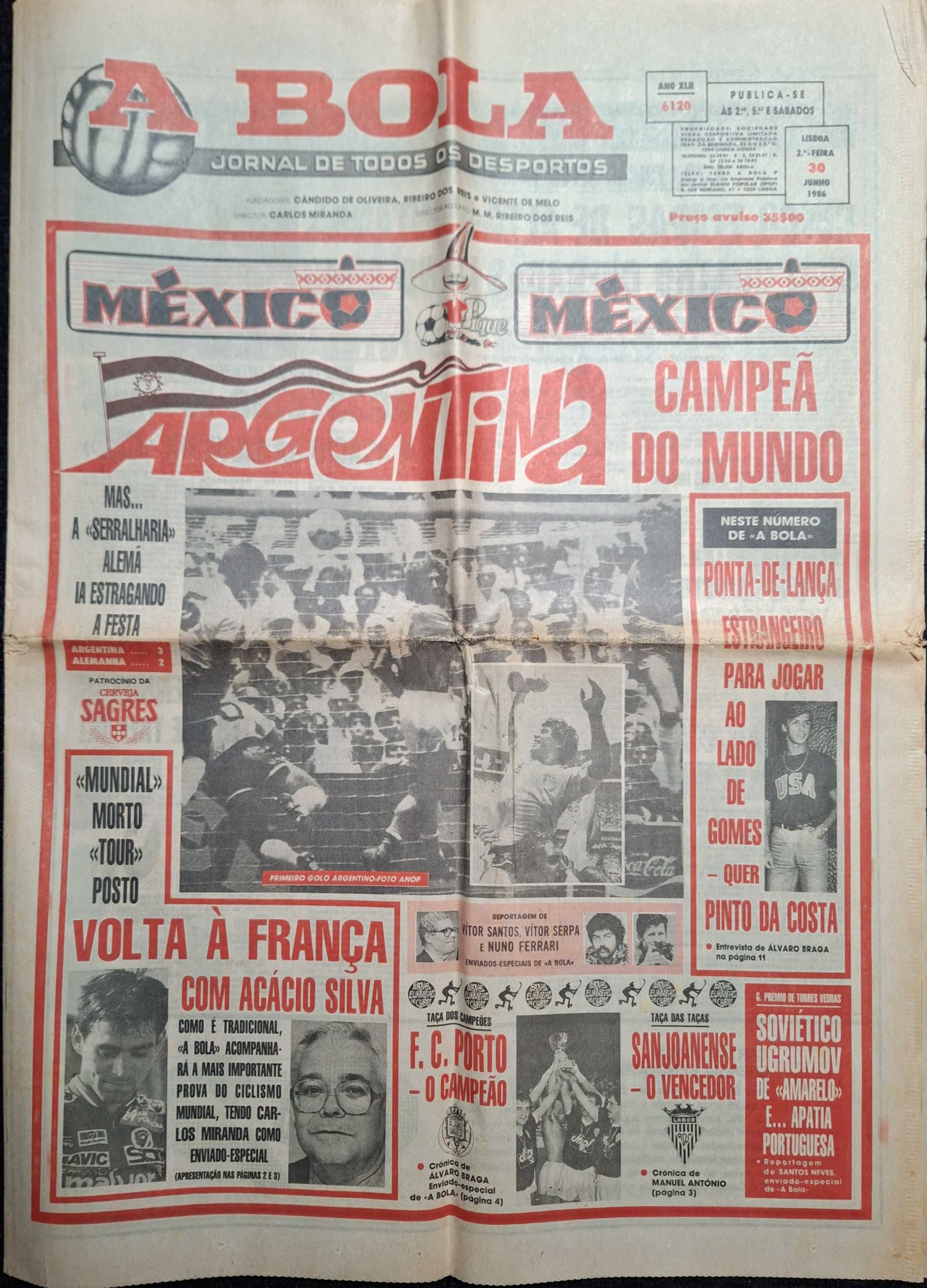 Argentina Campeã do Mundo México 86 — jornal A Bola de 30 junho 1986