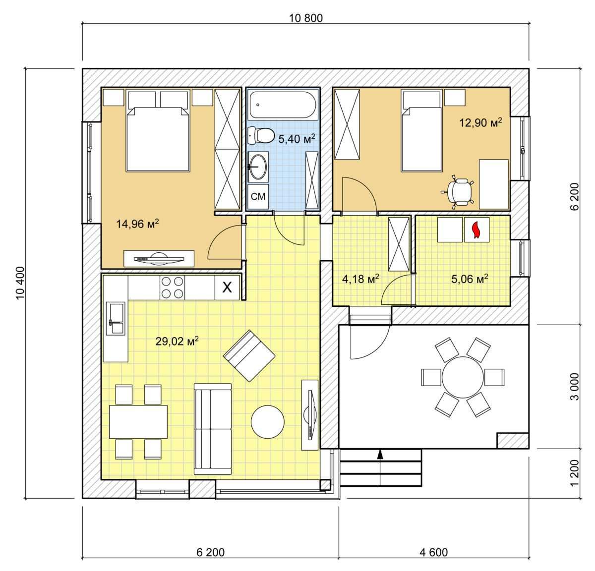 Проект одноэтажного дома, 153,36 м2,71,52 м2