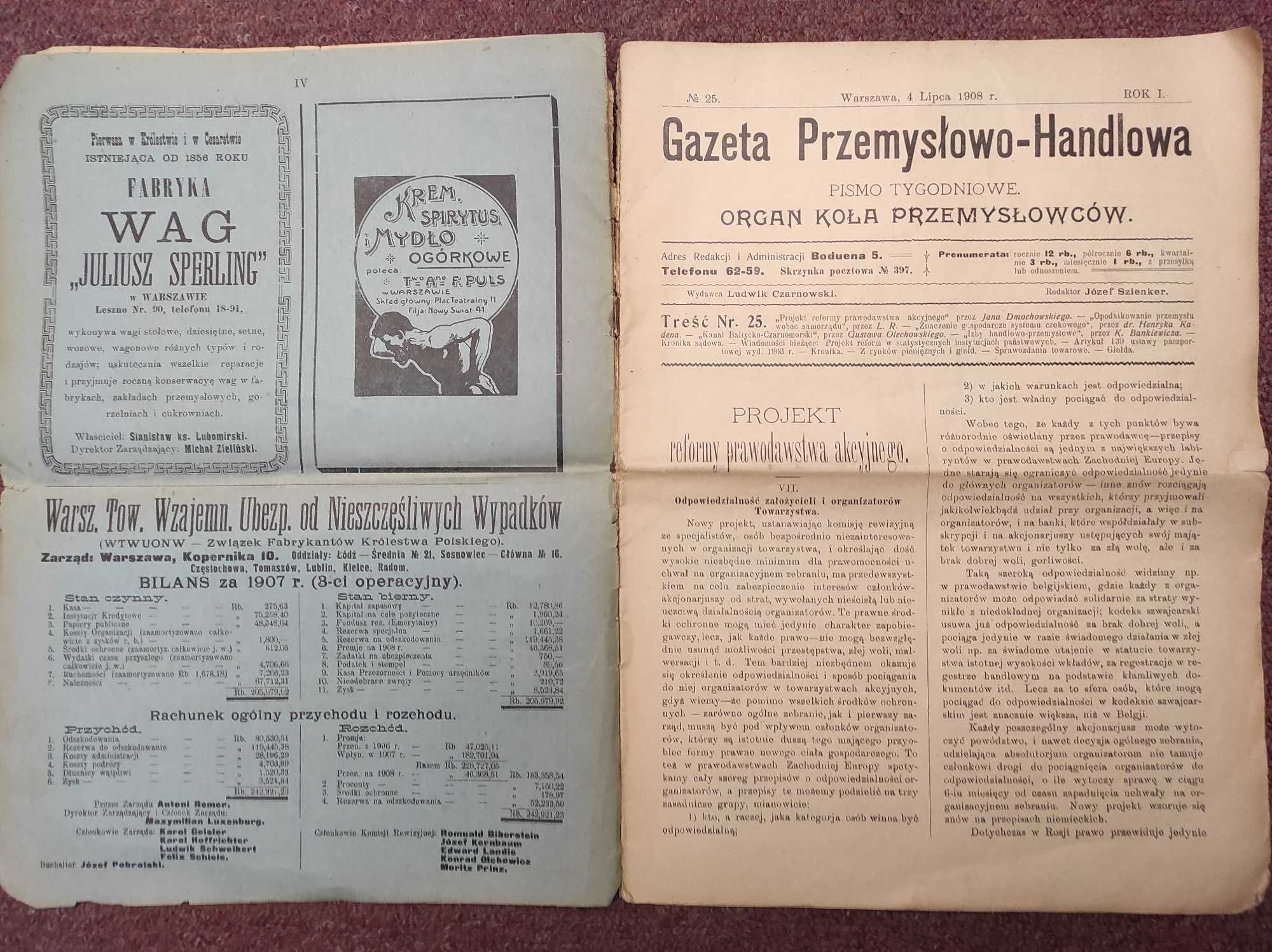 Gazeta Przemysłowo - Handlowa 1908 r. Organ Koła Przemysłowców