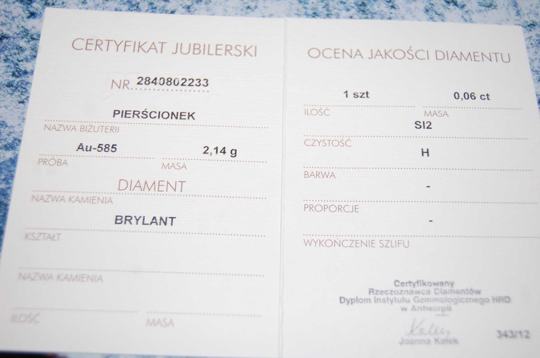 Pierścionek z Brylantem APART 585 2,14Gr Certyfikat