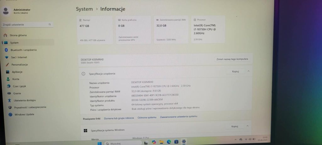 Laptop gamingowy MSI Stealth GS66 i7-10th 32GB 512GB RTX 2070