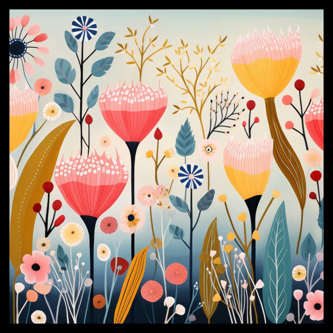 Plakat 50x50cm Ogród Marzeń | Kwiaty Łąka Mak Boho Botanika Natura