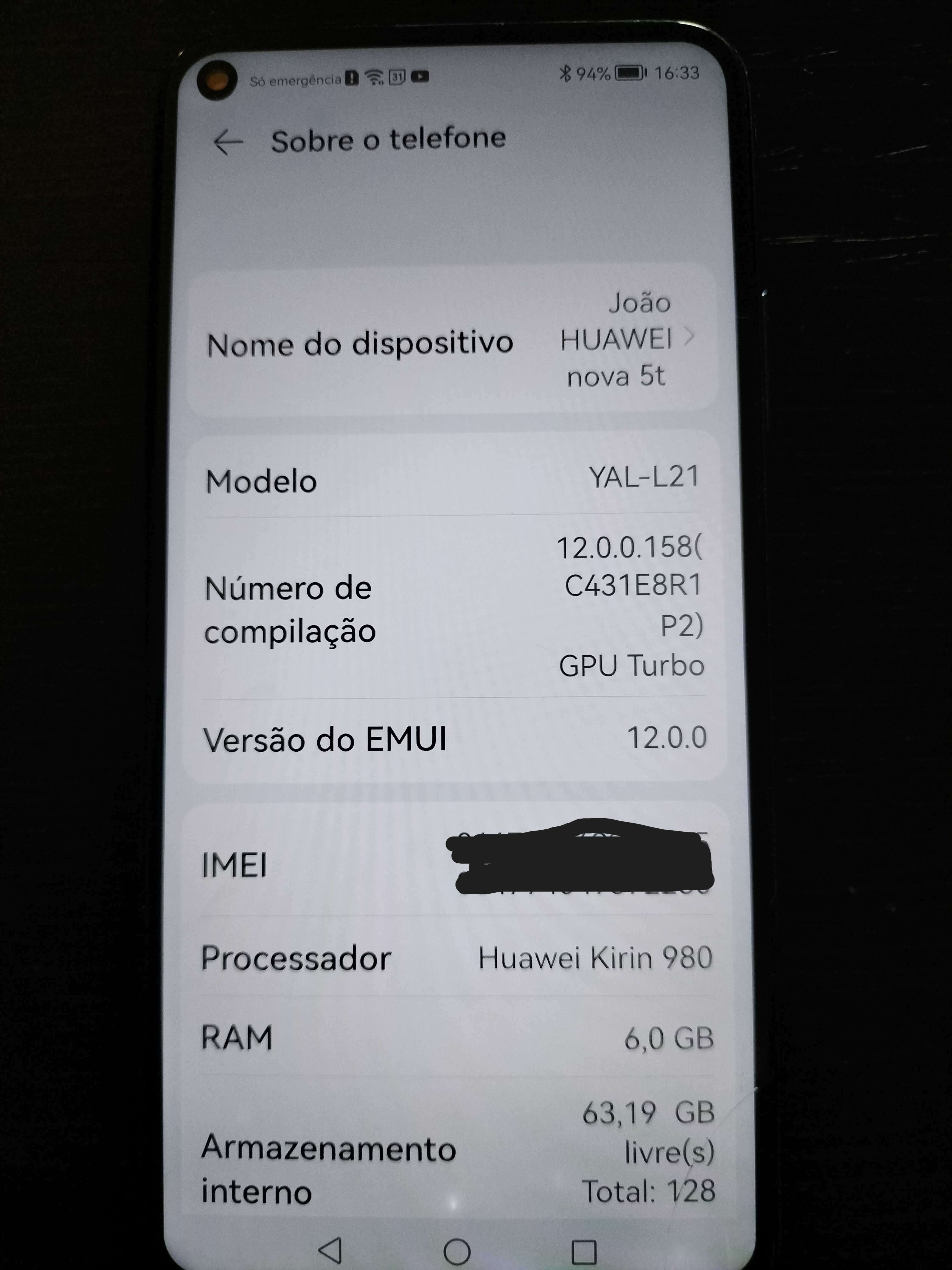 Huawei nova 5t      RAM 6.0 GB Armazenamento 128 GB + 3 capas