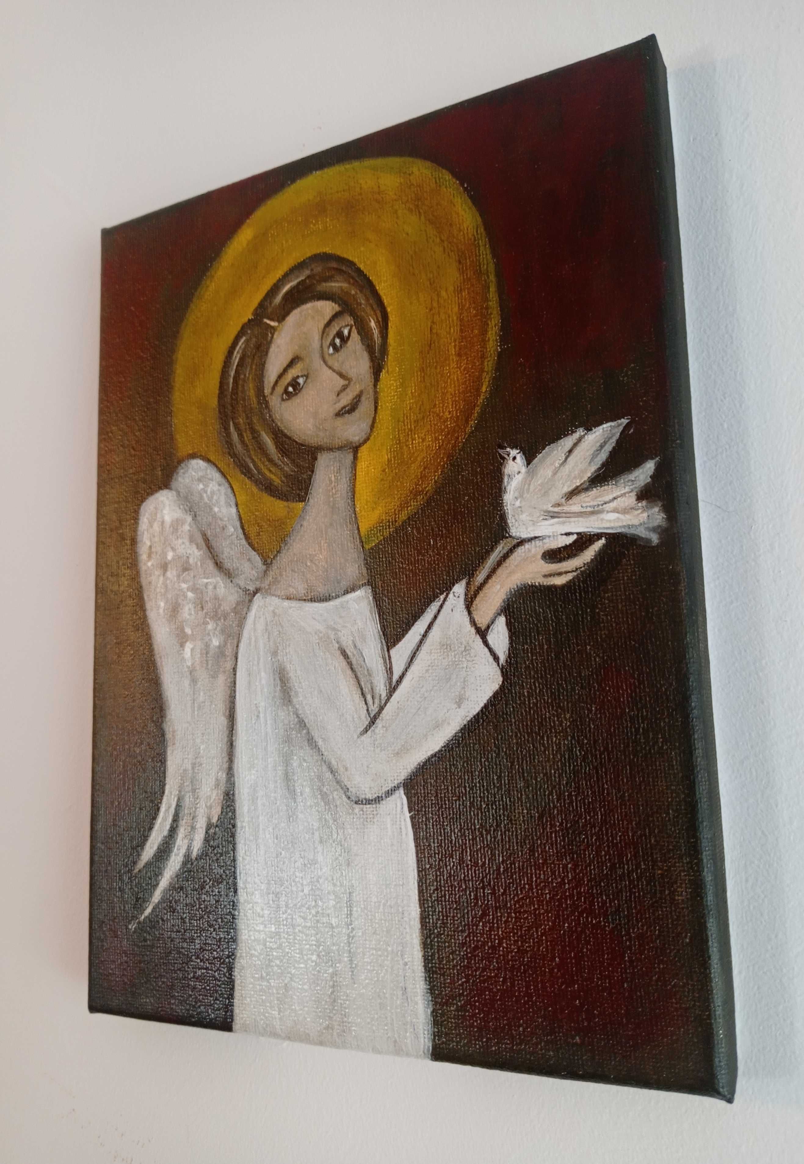 Anioł obraz namalowany na płótnie 24x18 cm rękodzieło