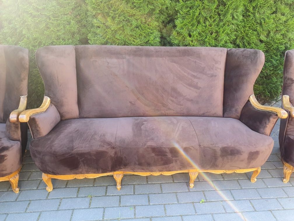 Komplet wypoczynkowy, kanapa z fotelami w stylu ludwikowskim