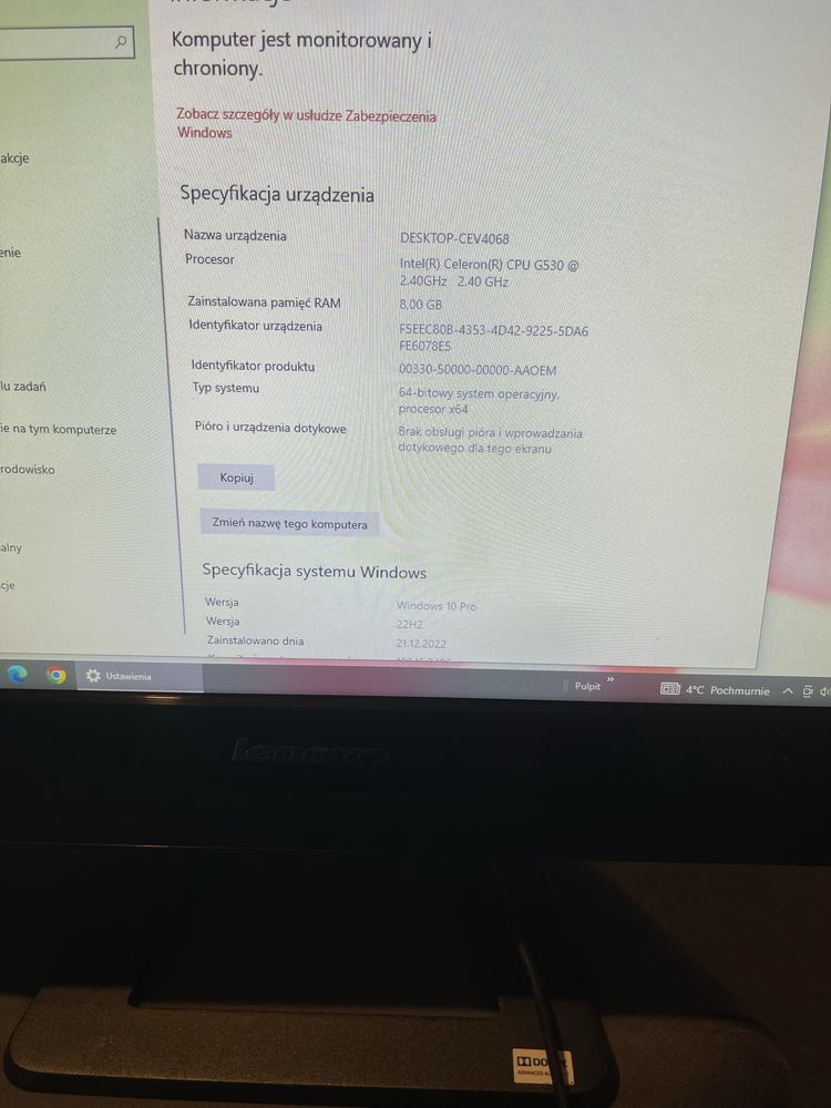 Sprzedam Kompute LENOVO C325 20" ALL IN ONE  1.6GHz 8GB RAM 500GB