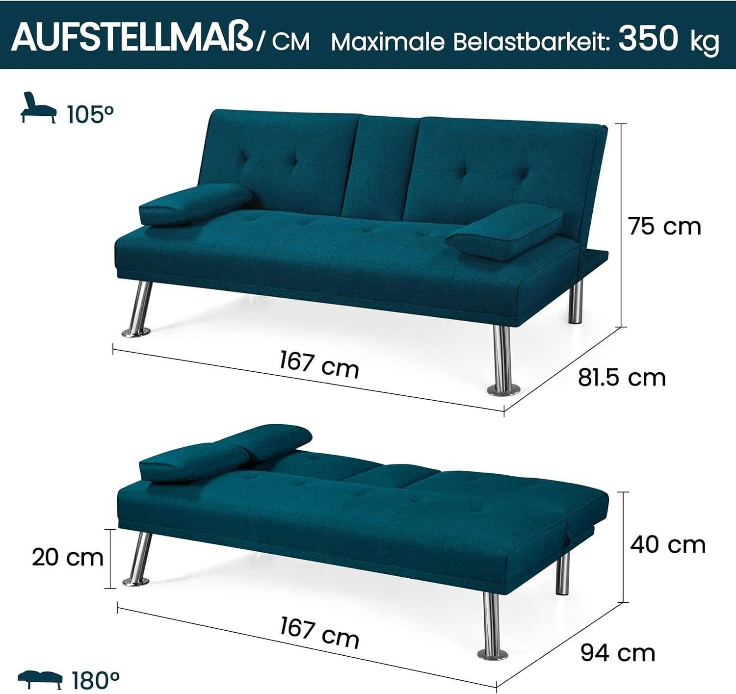 Kanapa sofa Yaheetech 613684 rozkładana z uchwytem na kubek 94x81,5x75