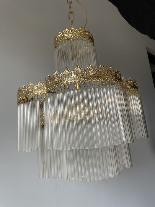 Lampa zyrandol duzy zloty ze szklem antyk lata 70
