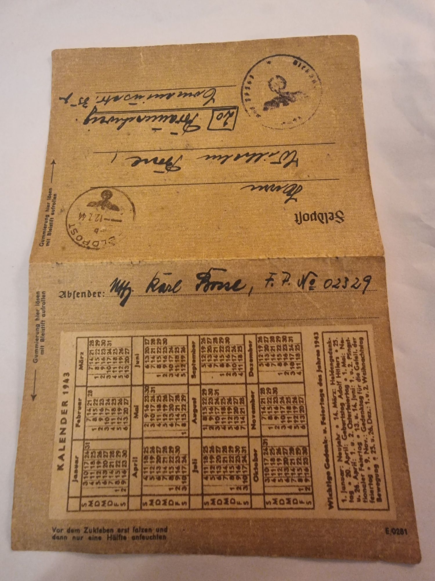 Feldpost z kalendarzem na 1943 rok, 3 Rzesza