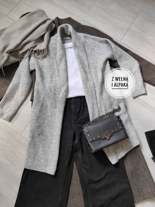 Długi szary sweter kardigan Cubus xS  jesień zima casual wełna alpaka