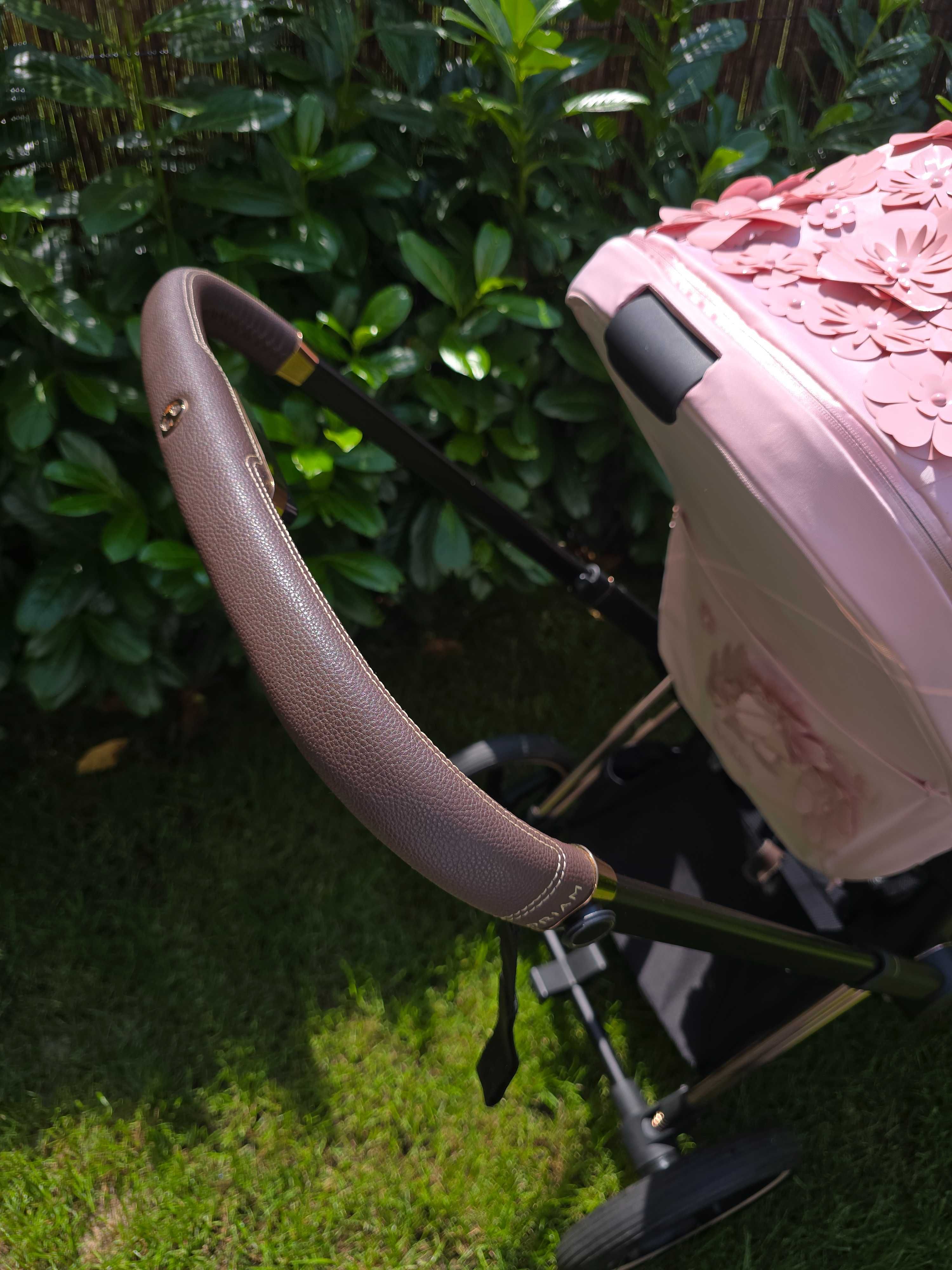 Cybex PRIAM 4.0. BIAŁA gondola, RÓŻOWA spacerówka, nosidło + dodatki.