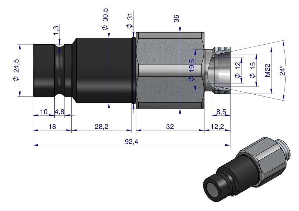 Szybkozłącze hydrauliczne suchoodcinające wtyczka M22x1.5 15L gwint