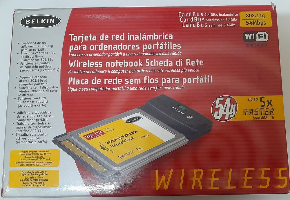Placa de rede Belkin wireless para portátil  802.1g/ 54 Mbps - Nova