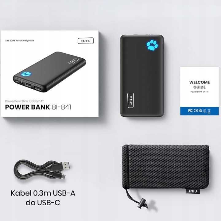 Powerbank 10000 mAh Lekki do Samolotu USB-C Szybkie Ładowanie + Kabel