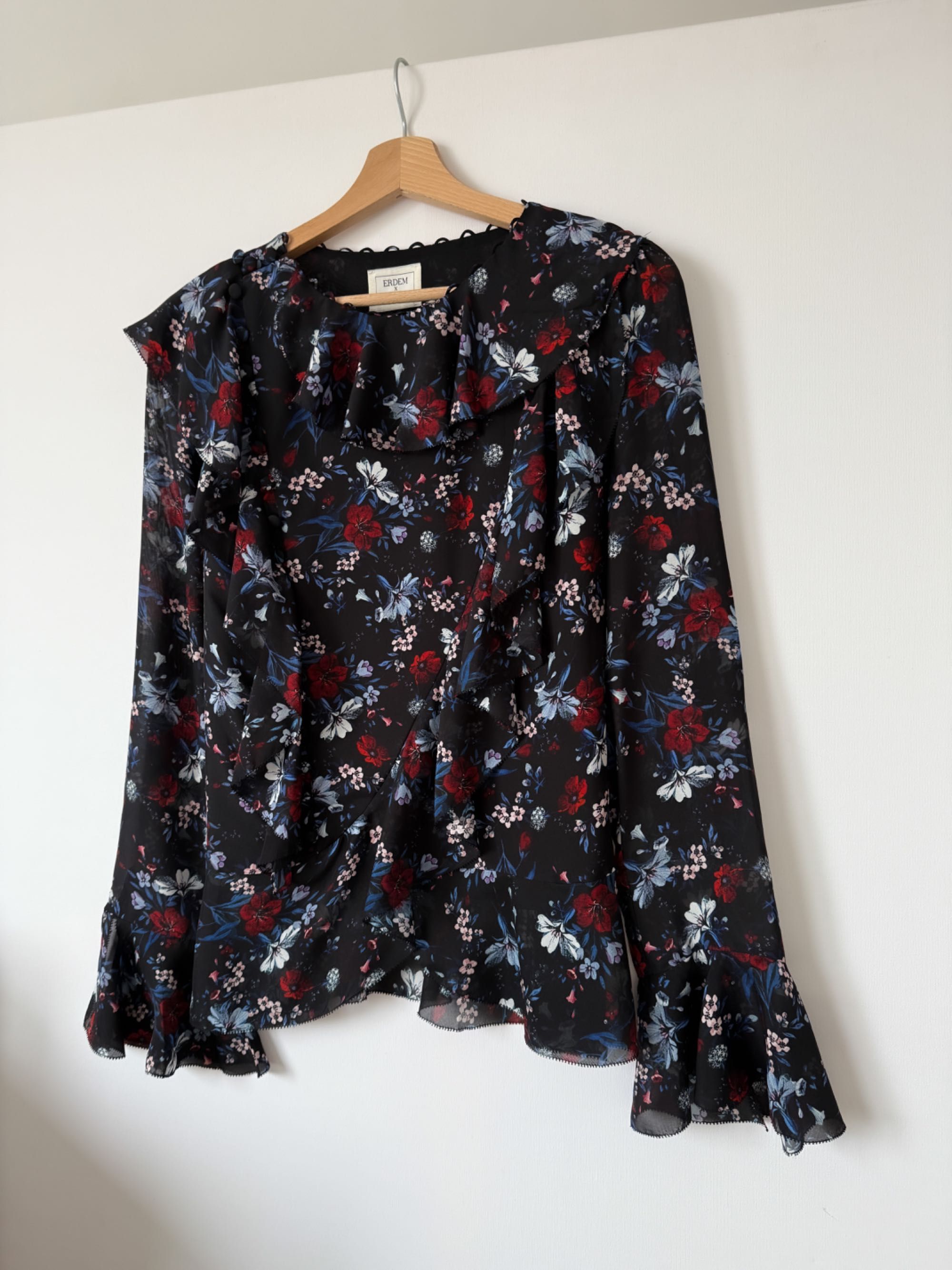 Erdem x H&M jedwabna bluzka w kwiatki falbanki coquette old money M