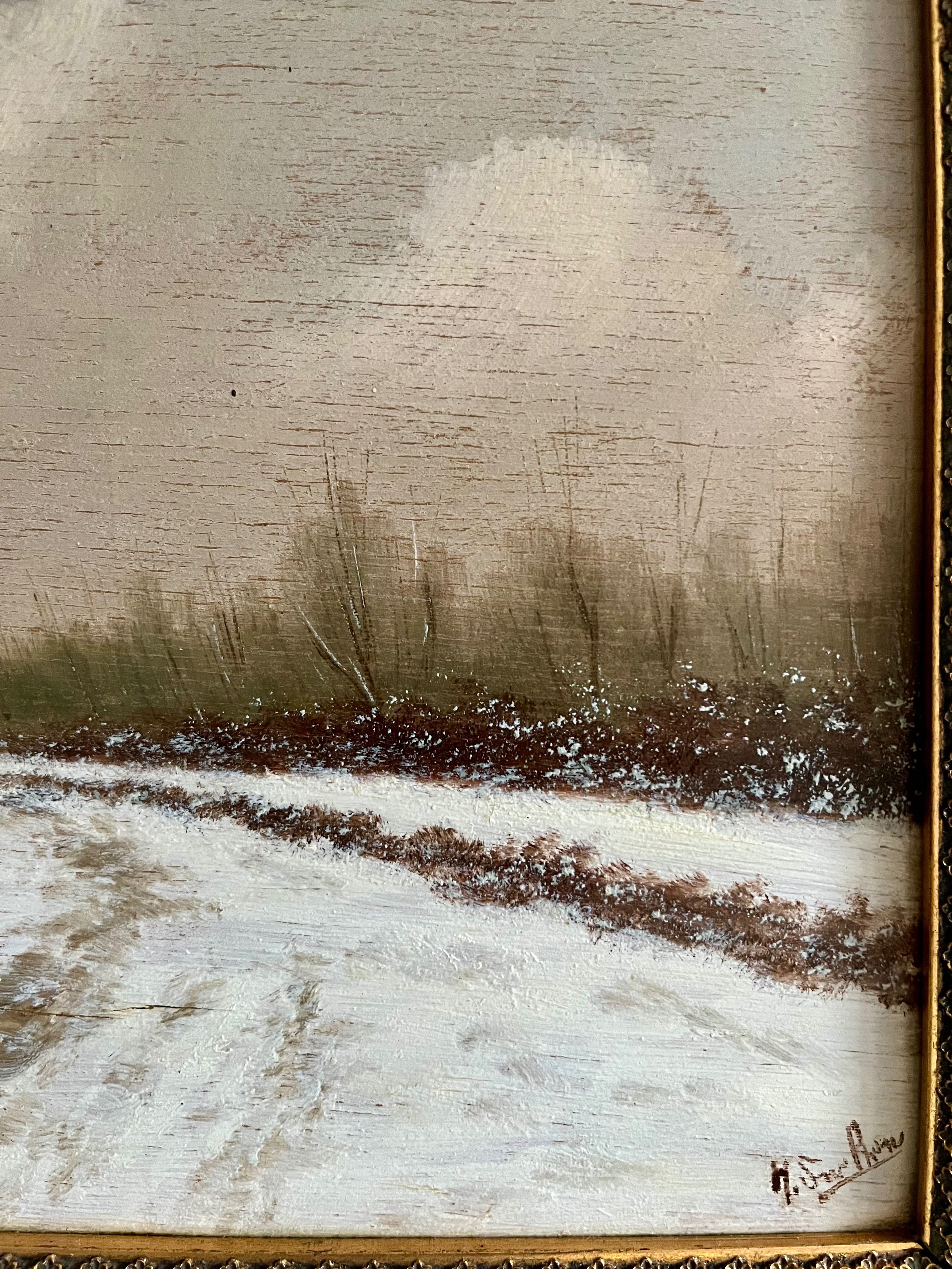 Stary przedwojenny stuletni obraz art Deco rama, pejzaż zimowy.