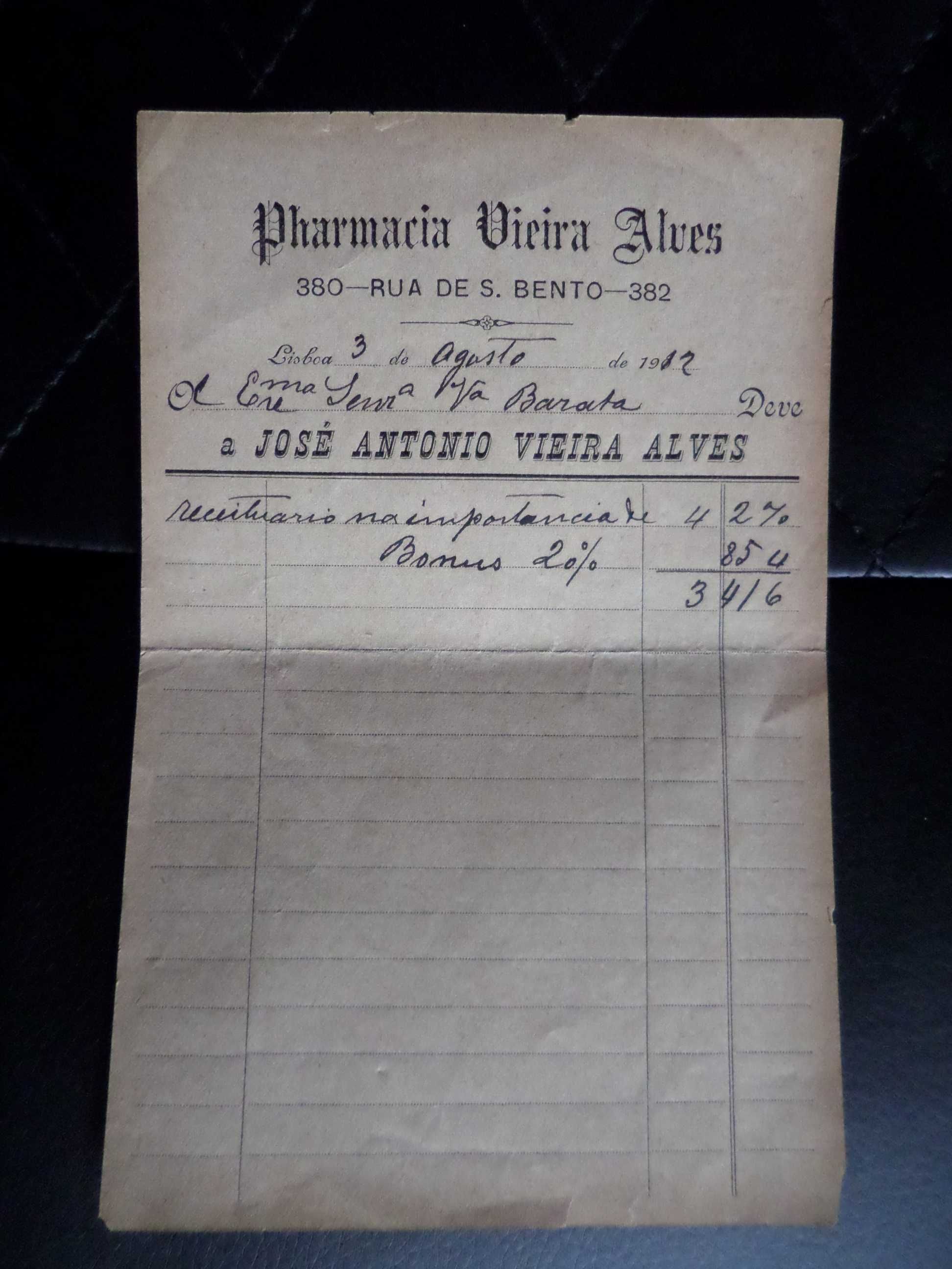 Documento / Recibo manuscrito , 'Pharmacia'   ano 1912