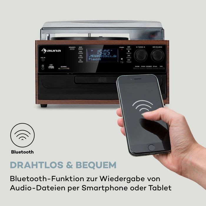 Виниловый проигрыватель BT/USB/AUX/CD/TAPE Auna Oakland DAB Retro