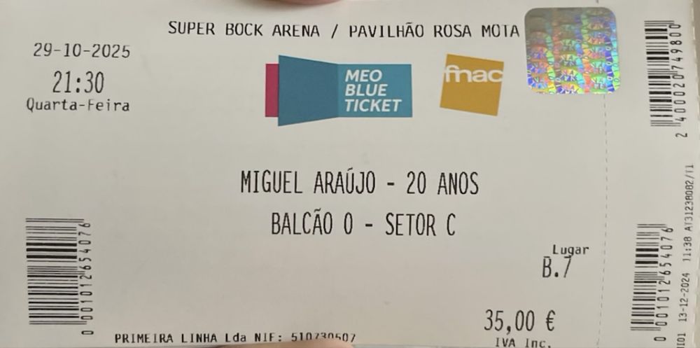 Bilhete concerto Miguel Araújo 20 Anos Porto