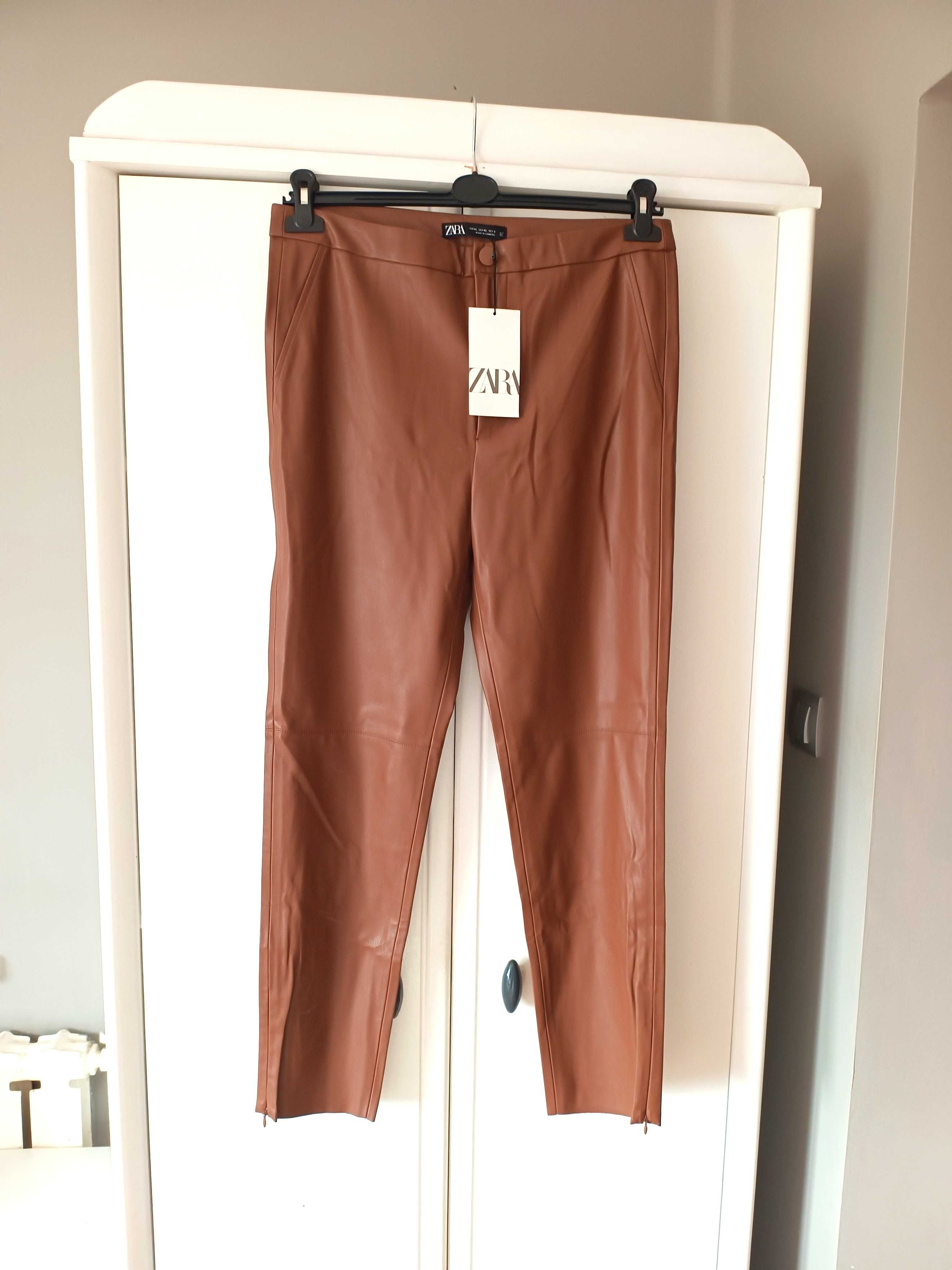 Zara brązowe skórzane spodnie rurki 42XL Mex 32 dopasowane z eko skóry