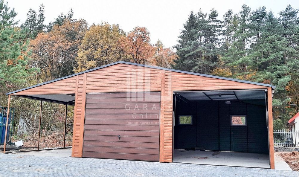 GARAŻ BLASZANY 6,5x6 + 3m. wiata 2x Brama drzwi 2x okno orzech ID136