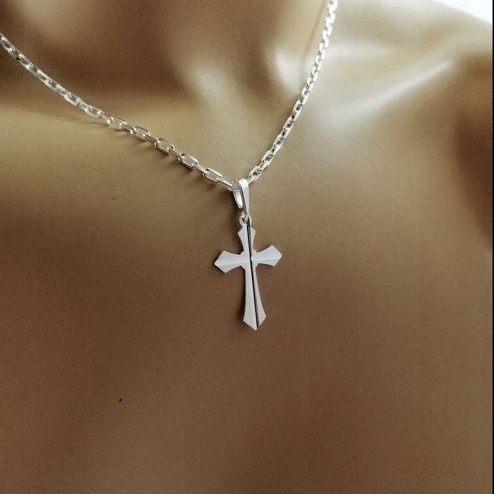 Srebrny Męski Łańcuszek Ankier + Zawieszka Krzyżyk 925 Prezent Dla Fac