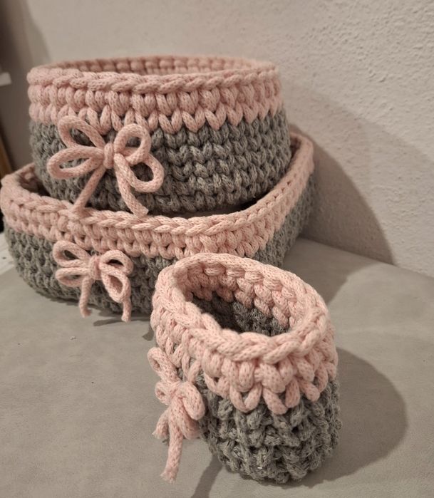 Koszyk na szydełku komplet kosz sznurek bawełniany handmade rękodzieło