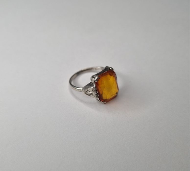 Art Deco srebrny pierścionek z pomarańczowym kamieniem srebro 935