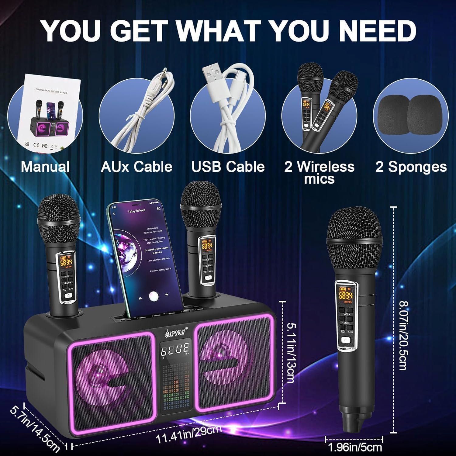 ALPOWL Karaoke z 2 mikrofonami – bezprzewodowy zestaw Bluetooth z LED