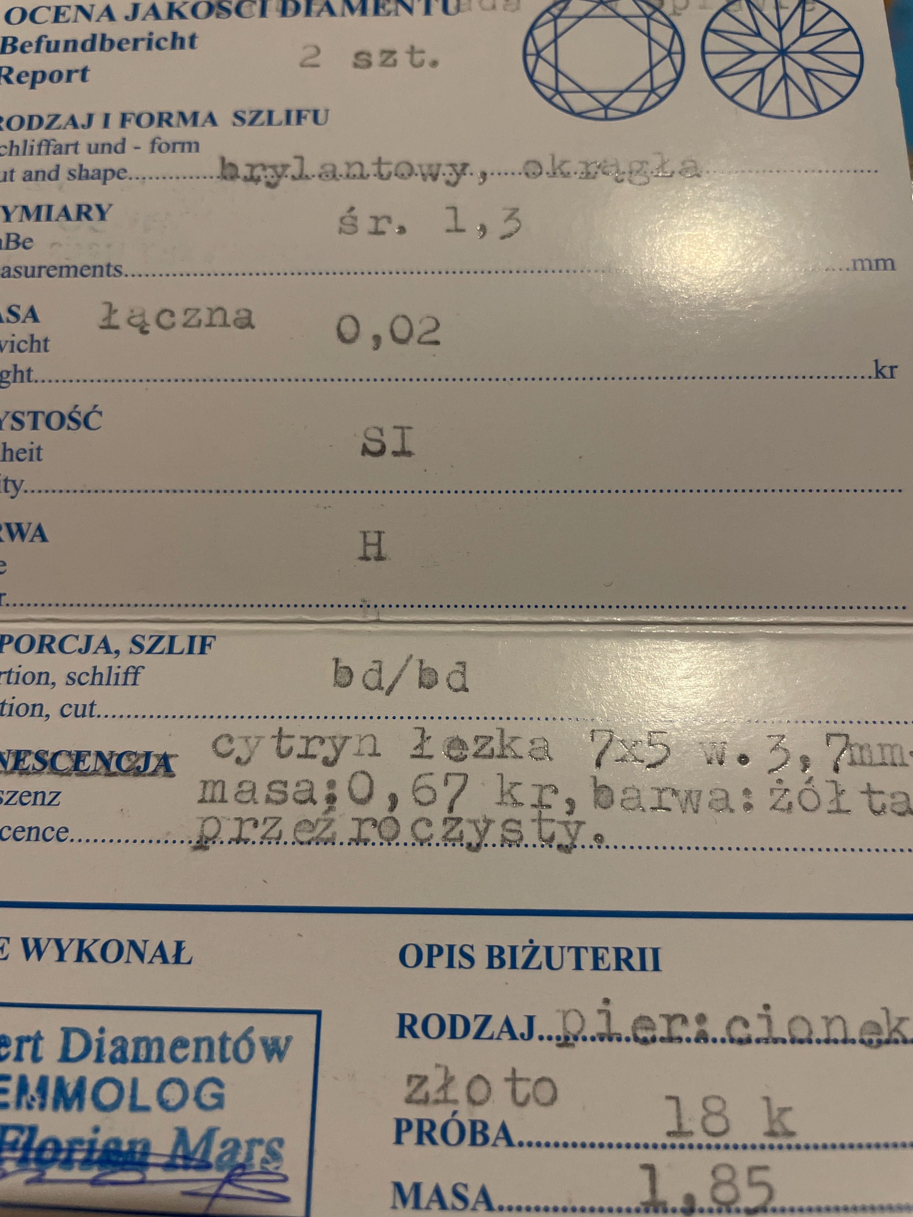 Złoty pierścionek z cytrynem i brylantami