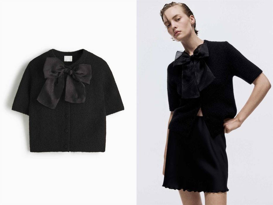 Kardigan M nowa kolekcja sweter czarny z kokardą alpaka PROMOCJA