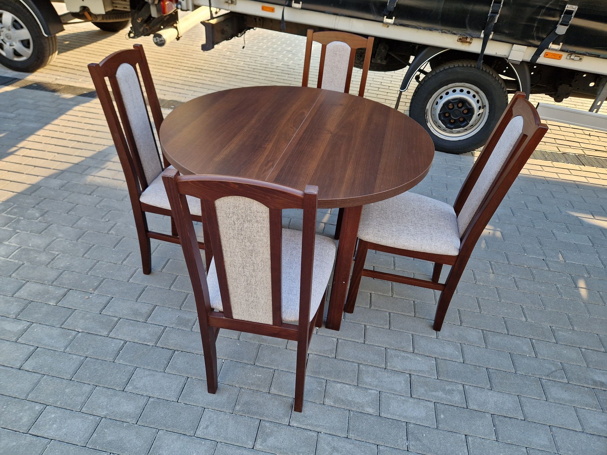 Nowe: Stół okrągły + 4 krzesła , orzech + kawa z mlekiem , trans PL
