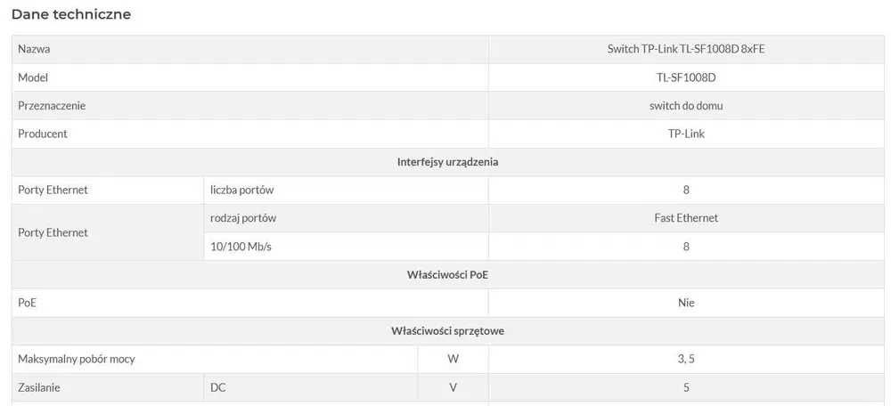 Switch TP-Link TL-SF1008D 8xFE Kod.: N29918
