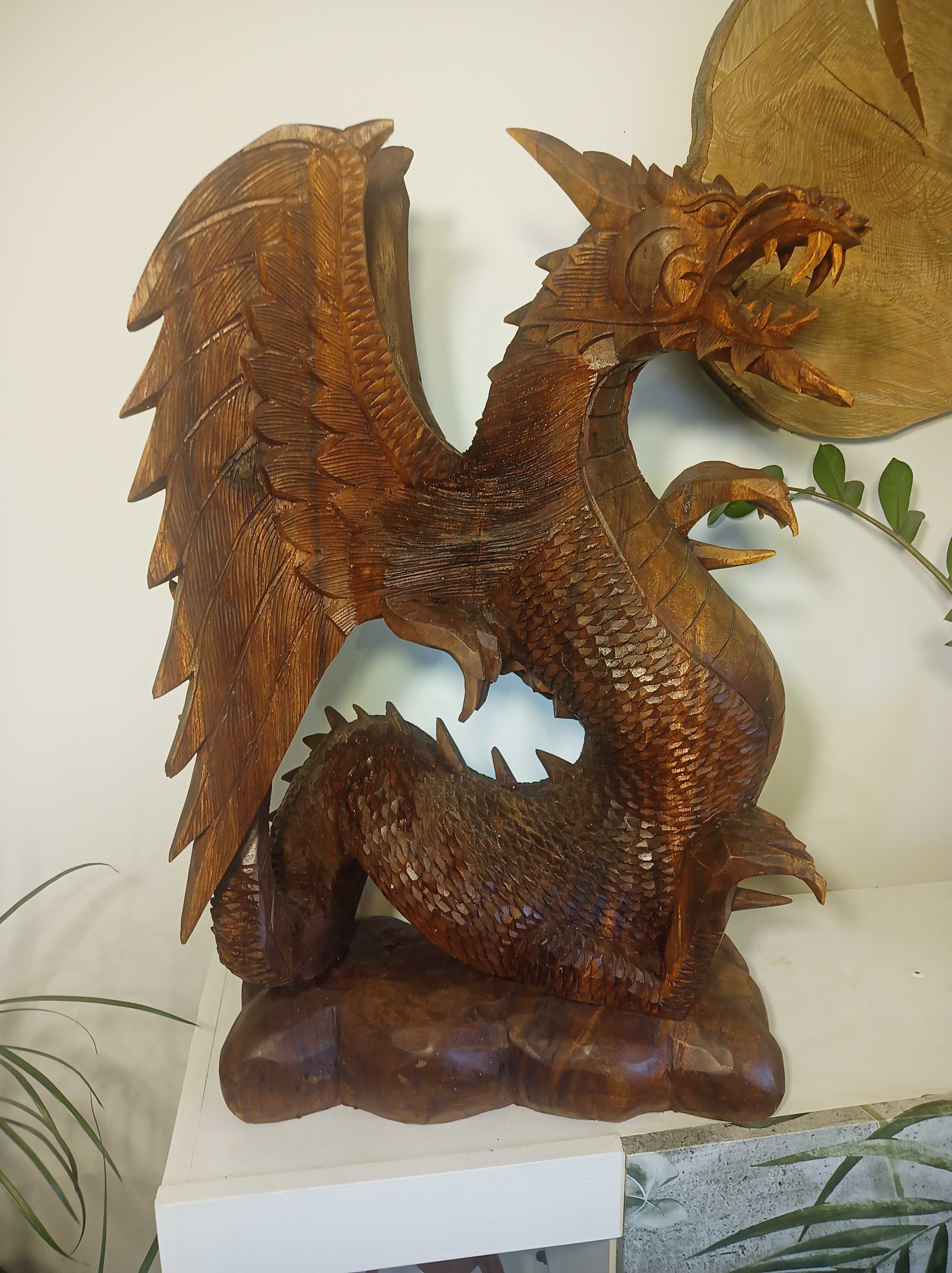 Wielki drewniany Smok, rzeźba rękodzieło 63 x 40cm Figura Smoka XXL
