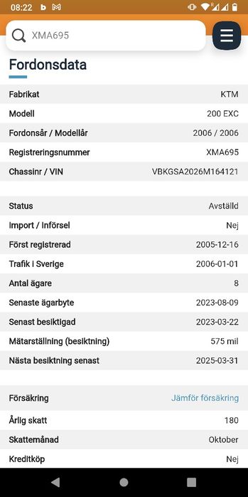 KTM EXC 200 Szwecja Rok 2006 Rejestracja