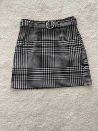Spódnica mini w kratkę kratę biało czarna 34 XS H&M z paskiem
