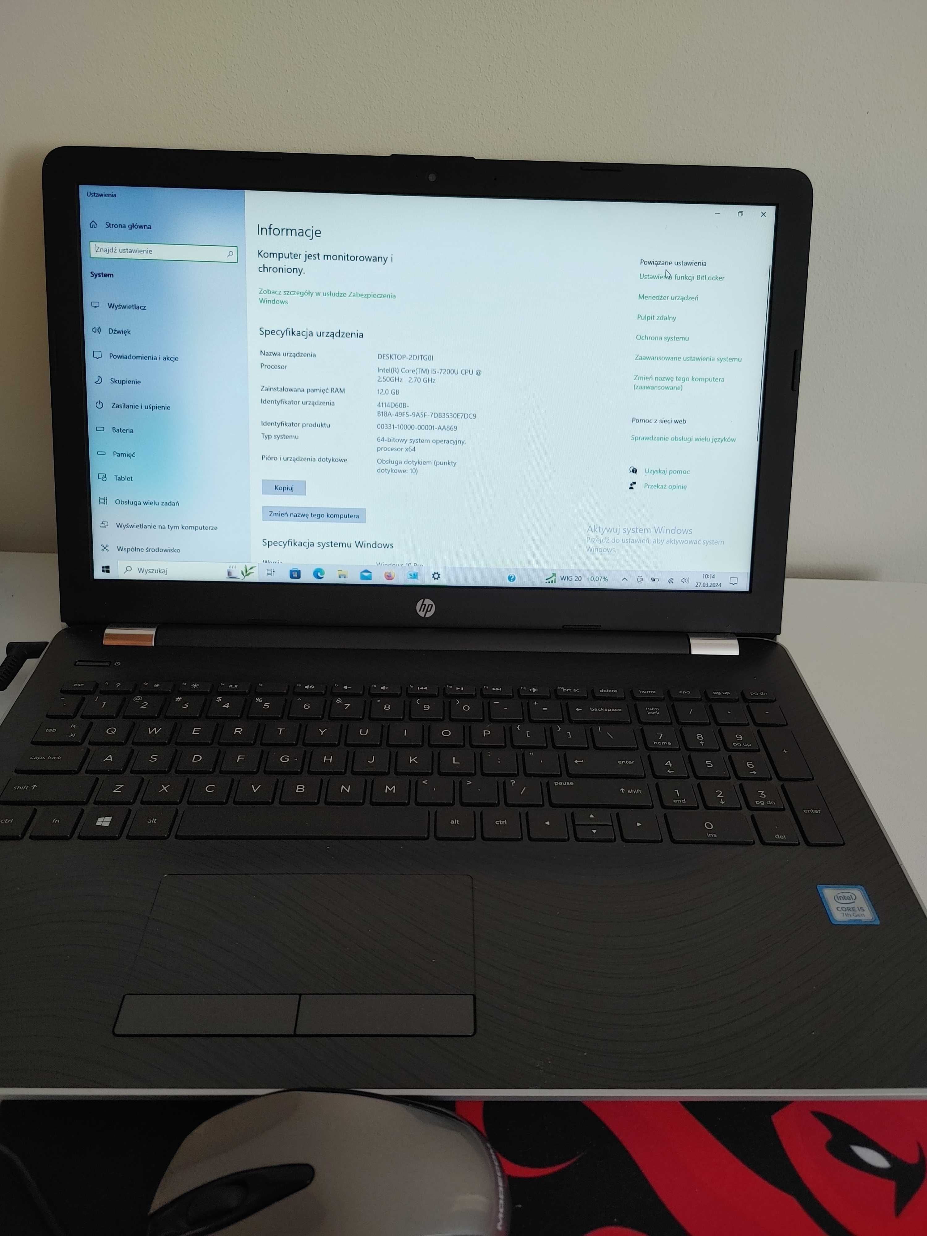 Laptop HP -15-bs070wm 15cali ekran dotykowy 12 Gb pamięci Dysk SSD 500