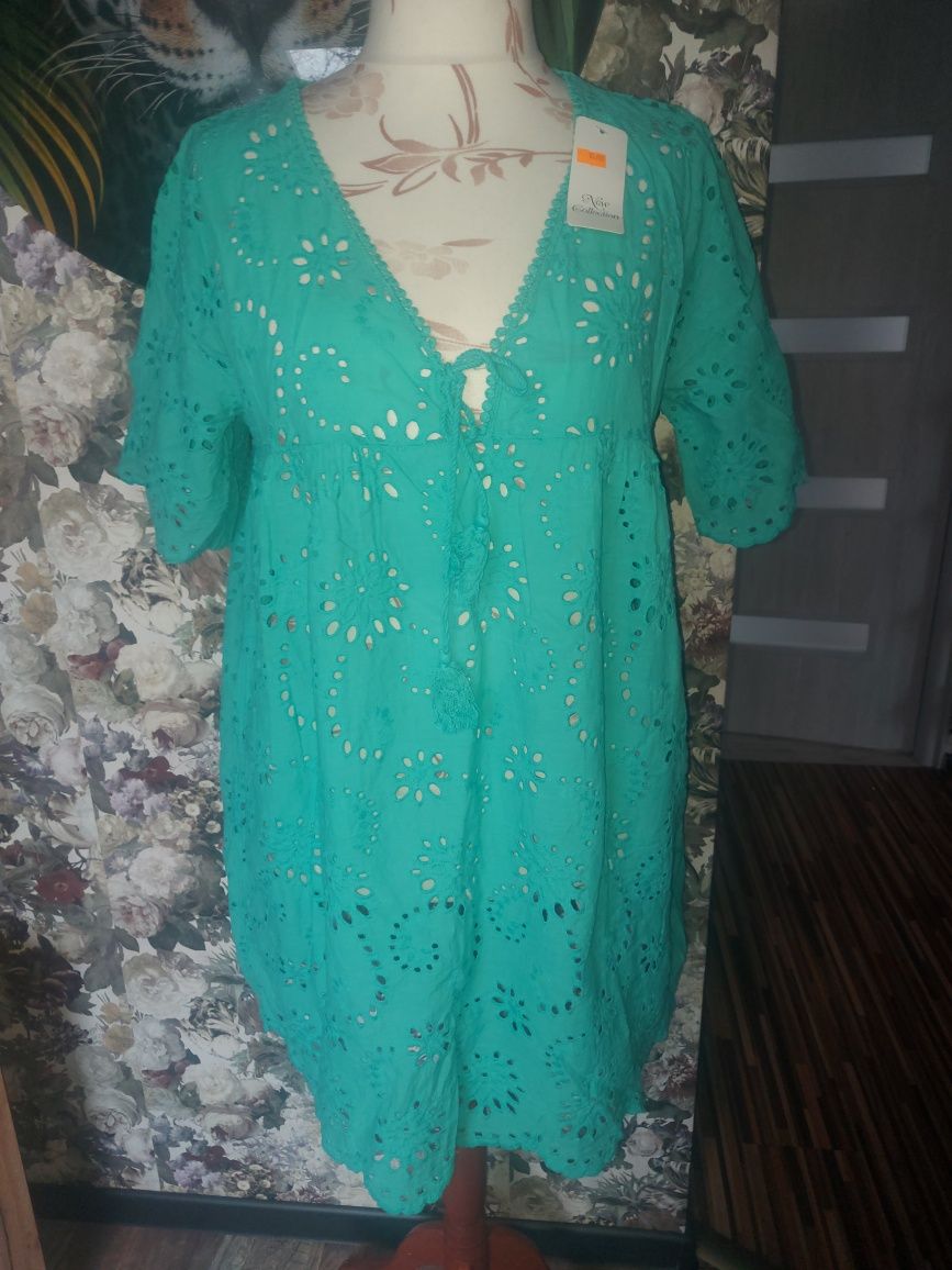 Sukienka elegancka  ażurowa tunika, Italy, turkus