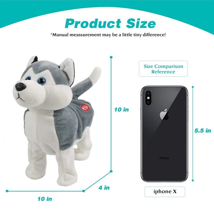 Boneco Husky 25cm vai dançando enquanto roda a cabeça e abana o rabo.