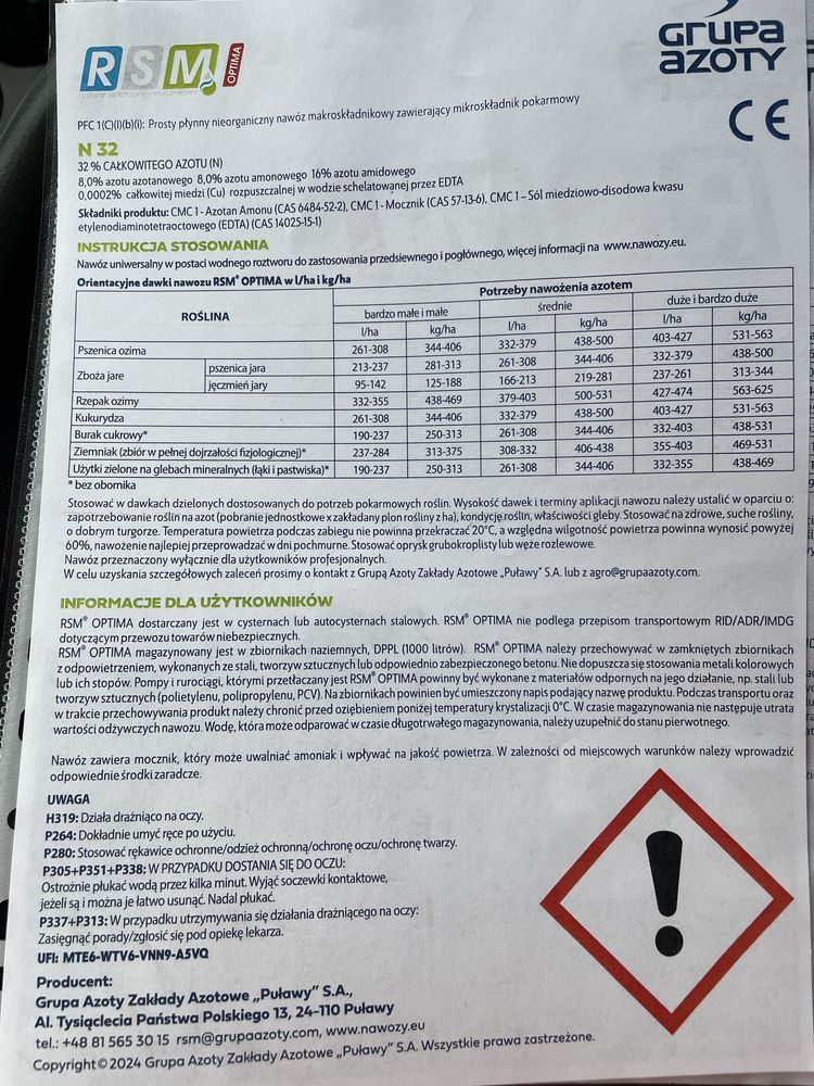 RSM OPTIMA 32%N Nowość Grupa Azoty
