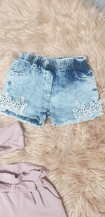 Krótkie Spodenki + opaska pin-up lato jeans, różowe roz.92