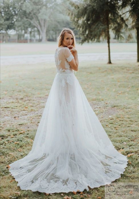 Suknia ślubna rybka tren tiul koronka  38 40