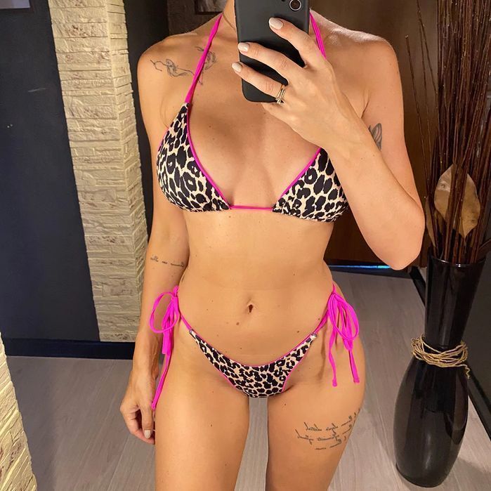 Strój Kąpielowy BIKINI Stringi SEXY Neon Wiązane Panterka - S