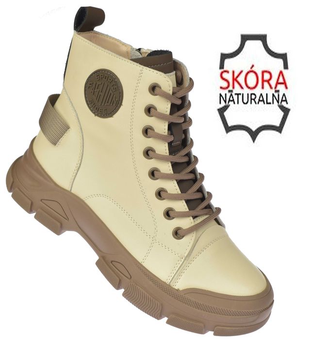 Skórzane botki damskie trapery na suwak B-3-1502 beż ocieplane roz. 37