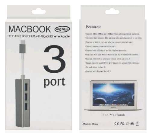 Концентратор, адаптер USB 3.1 Type-C-> RJ45 Гигабит 1000 3хUSB 3.0 хаб