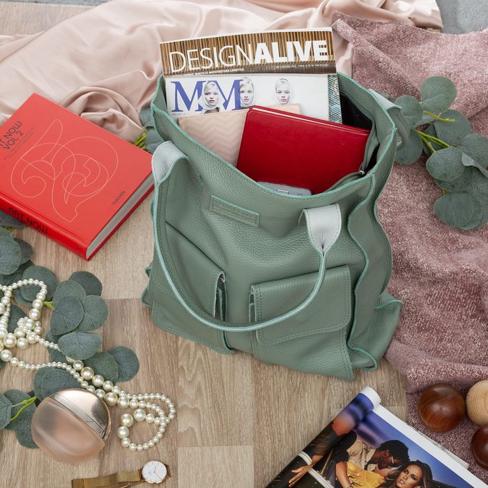 VERA PELLE torebka skórzana shopper duża z kieszeniami V516 j.zielona