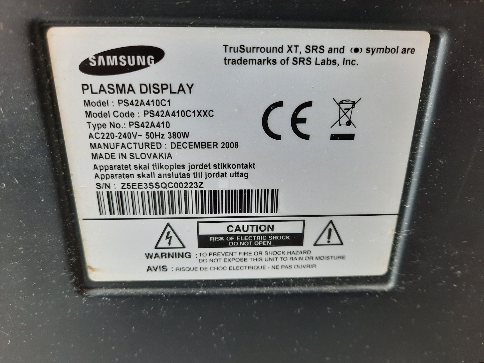 Samsung Plasma PS42A410C1 uszkodzony