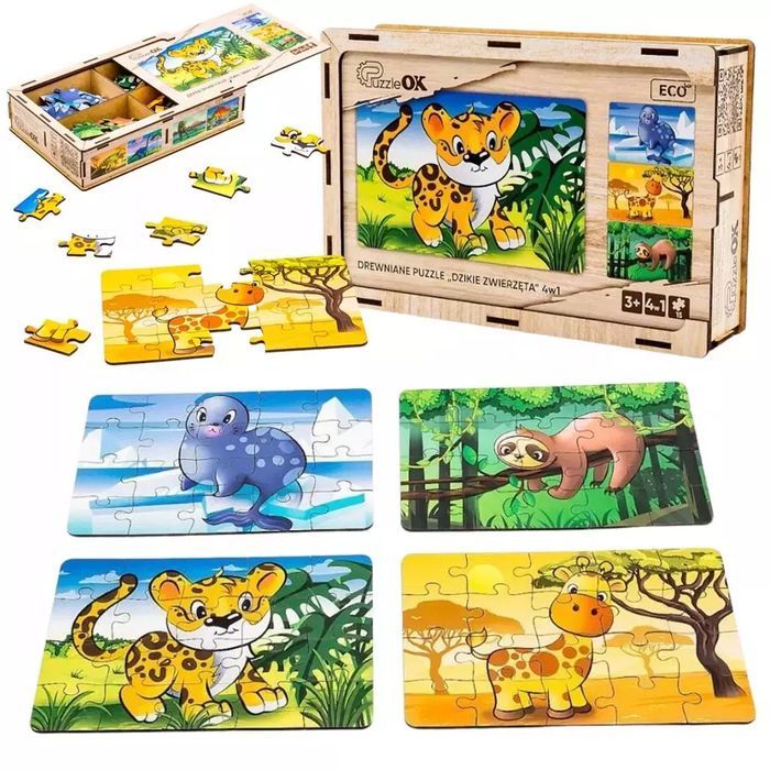 Puzzle drewniane 4w1 dzikie zwierzęta. PuzzleOK