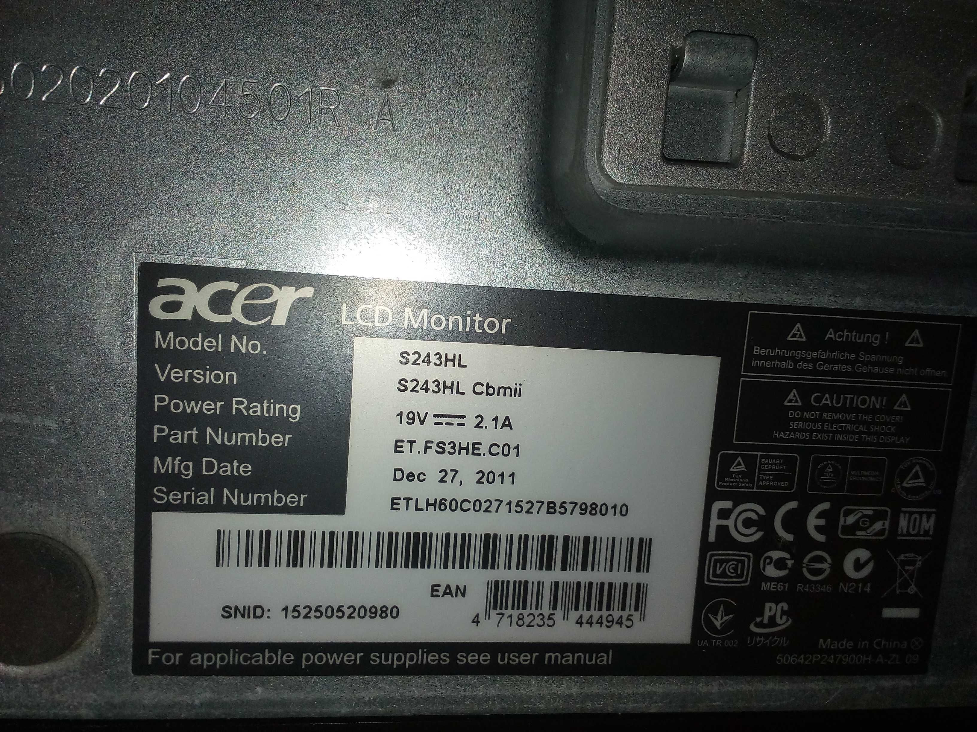 Monitor Acer LED 24 '' full HD HDMI x 2 model S243HL